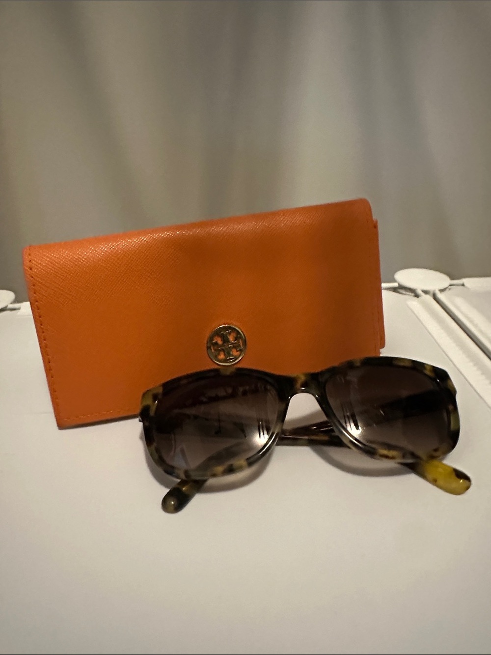 Tory Burch Orange Leather Wallet with Tortoiseshell Sunglasses